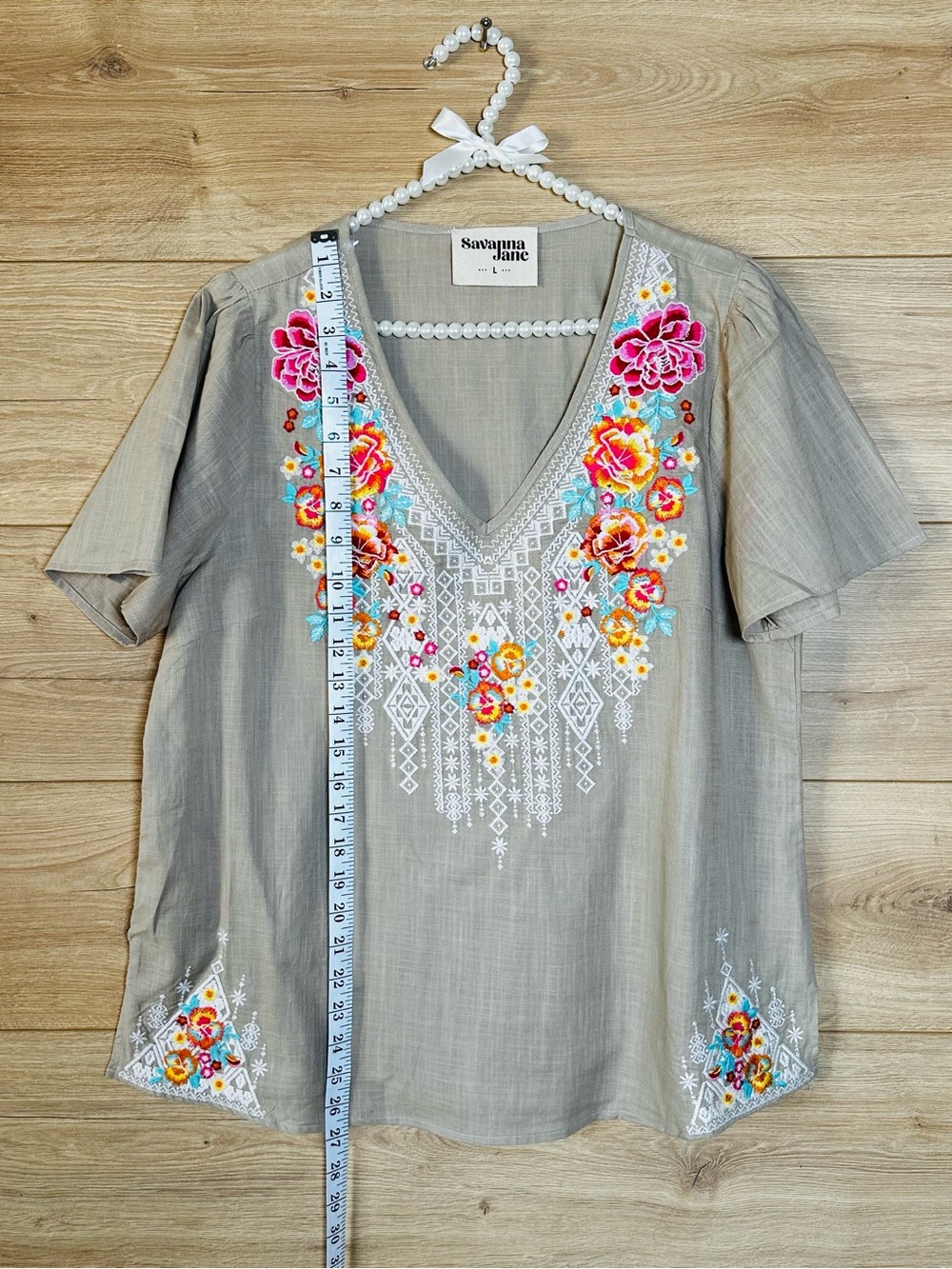 Savanna Jane Gray V-Neck Tunic with Pink, Yellow & Blue Floral Embroidery - Picture 8 of 12